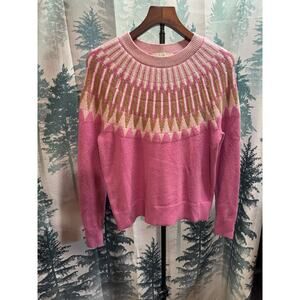 Loft Women’s XS Pink Crew Neck Long Sleeve Geometric Sweater Fair Isle Cotton
